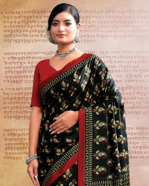 Black Printed Poly Cotton Saree