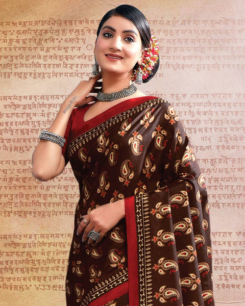 Brown Printed Poly Cotton Saree