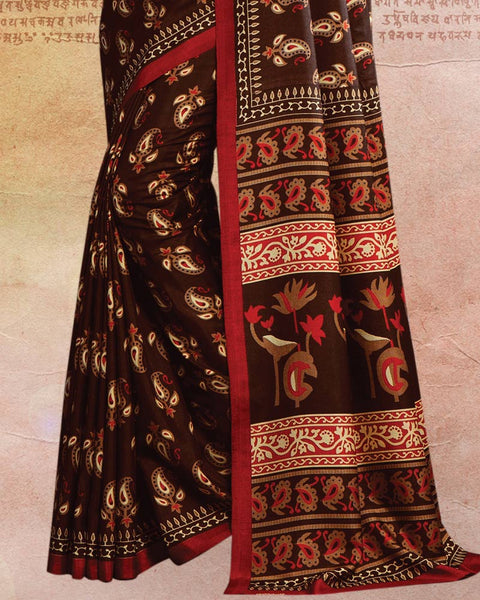 Brown Printed Poly Cotton Saree