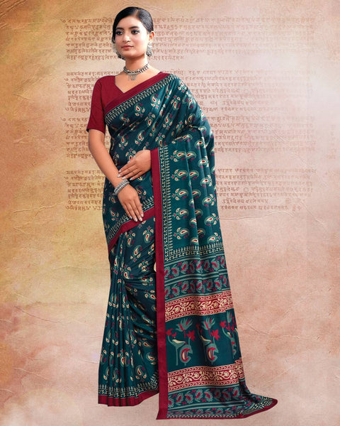 Dark Teal Blue Printed Poly Cotton Saree