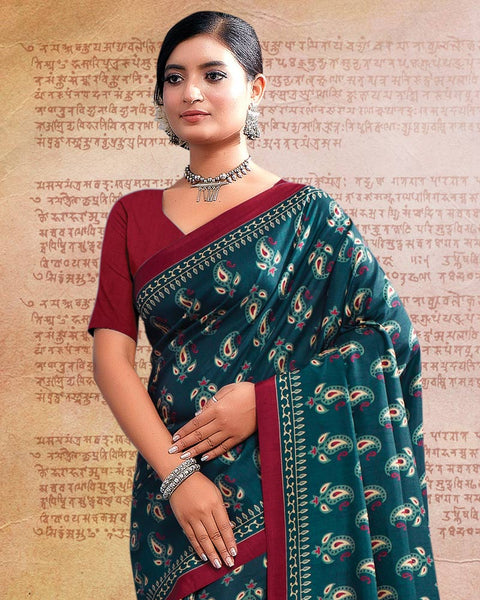 Dark Teal Blue Printed Poly Cotton Saree