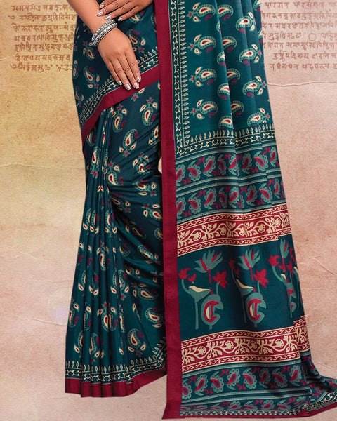 Dark Teal Blue Printed Poly Cotton Saree