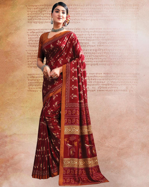 Maroon Printed Poly Cotton Saree
