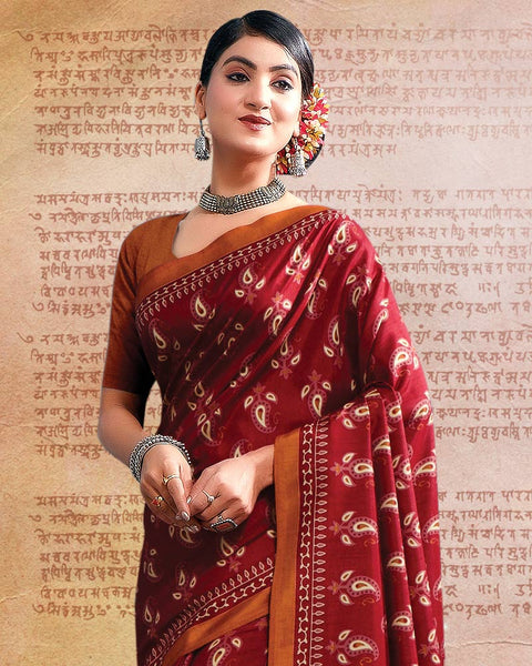 Maroon Printed Poly Cotton Saree