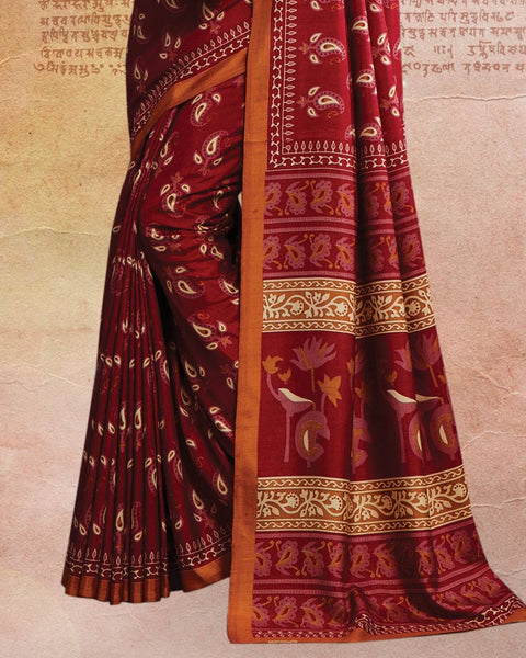 Maroon Printed Poly Cotton Saree