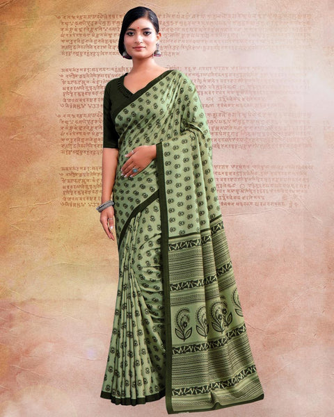 Pastel Green Printed Poly Cotton Saree