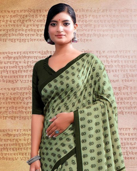 Pastel Green Printed Poly Cotton Saree