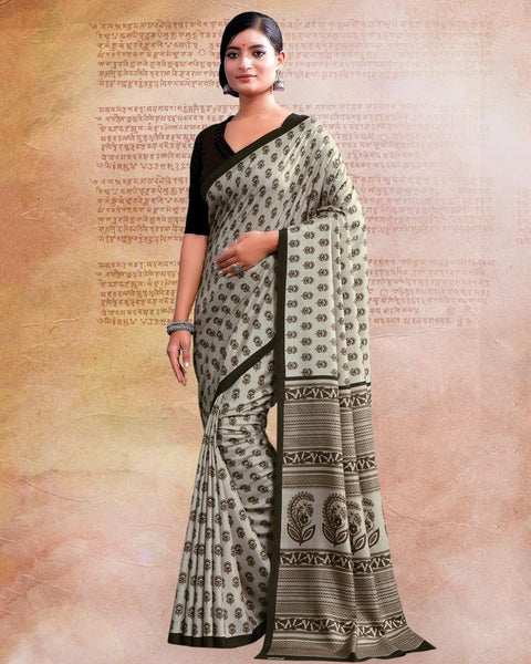 Ash Green Printed Poly Cotton Saree