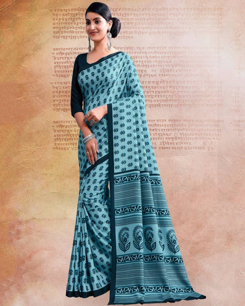 Dark Pastel Blue Printed Poly Cotton Saree