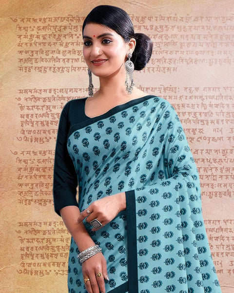 Dark Pastel Blue Printed Poly Cotton Saree