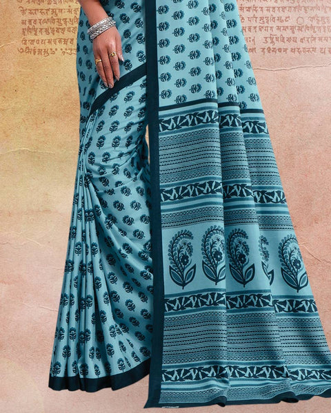 Dark Pastel Blue Printed Poly Cotton Saree