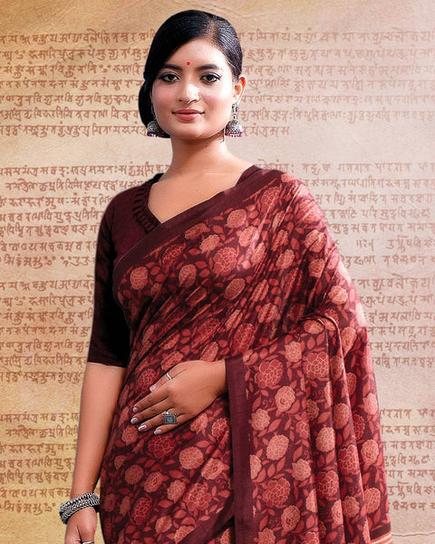 Paco Red Printed Poly Cotton Saree