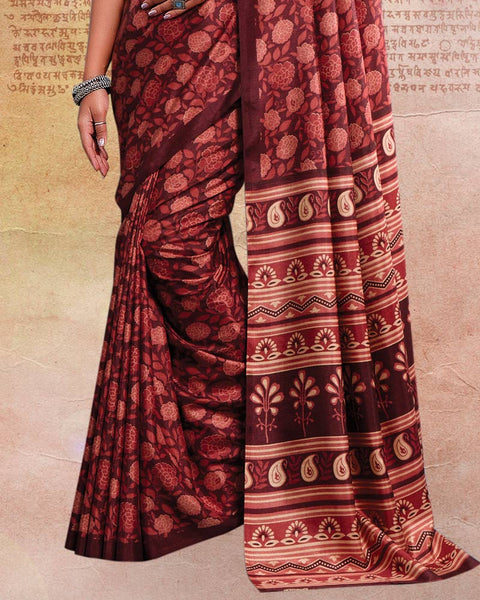 Paco Red Printed Poly Cotton Saree