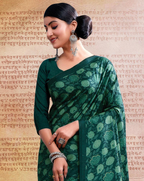 Peacock Green Printed Poly Cotton Saree