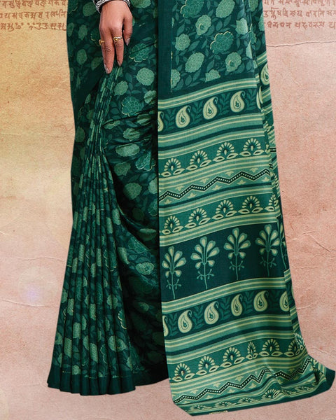 Peacock Green Printed Poly Cotton Saree