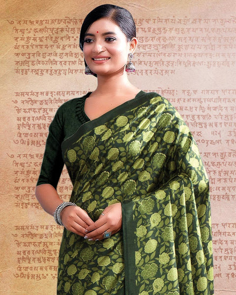 Green Kelp Printed Poly Cotton Saree