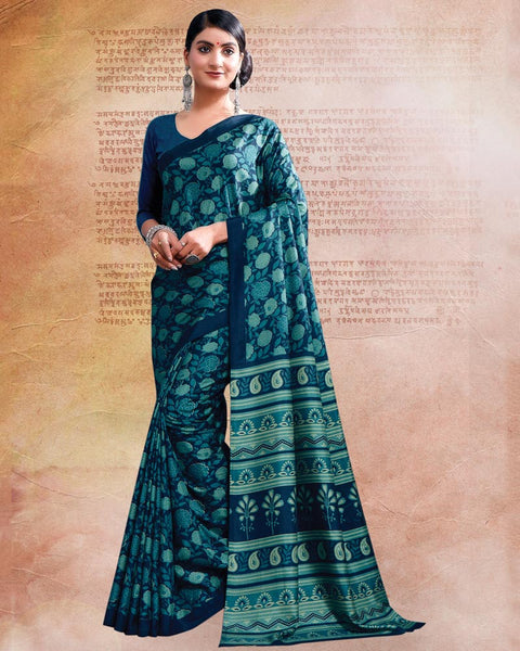 Navy Blue Printed Poly Cotton Saree