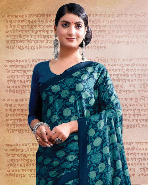 Navy Blue Printed Poly Cotton Saree