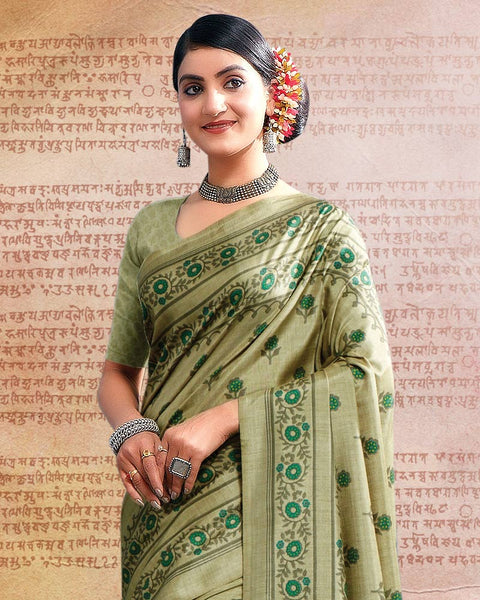 Sage Green Printed Poly Cotton Saree