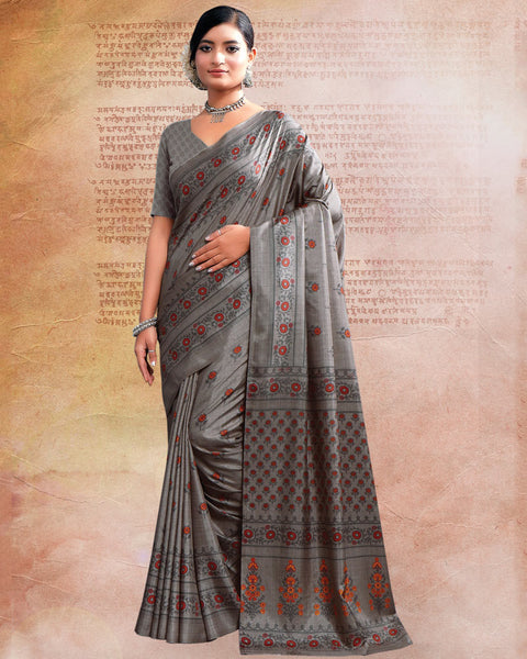 Charcoal Grey Printed Poly Cotton Saree