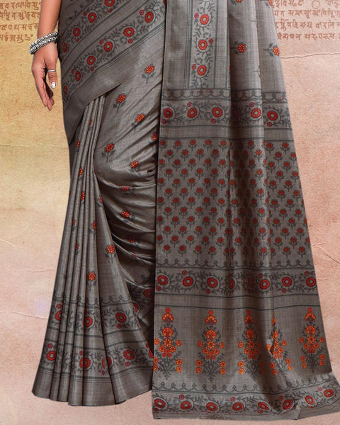 Charcoal Grey Printed Poly Cotton Saree