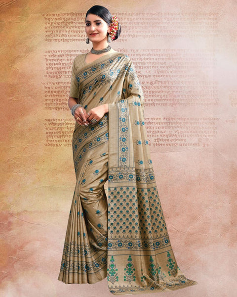 Dark Beige Printed Poly Cotton Saree