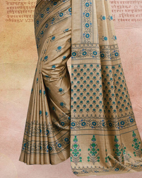 Dark Beige Printed Poly Cotton Saree