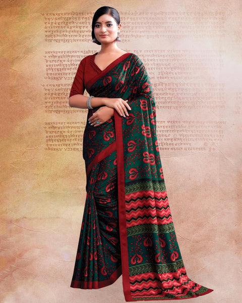 Bottle Green Printed Poly Cotton Saree