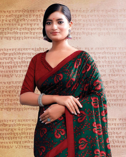Bottle Green Printed Poly Cotton Saree
