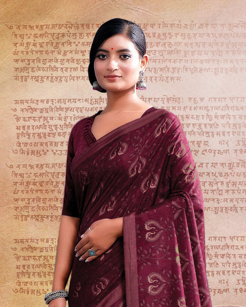 Heath Maroon Printed Poly Cotton Saree
