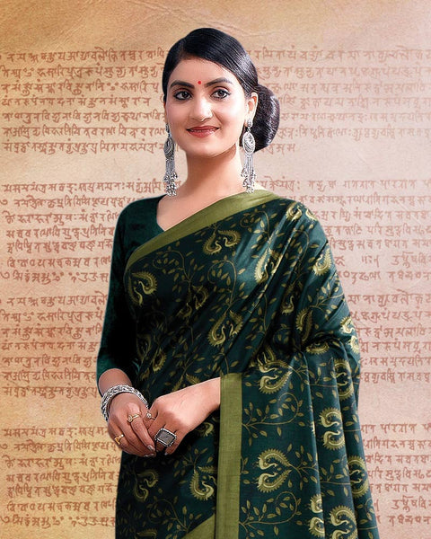 Firefly Green Printed Poly Cotton Saree