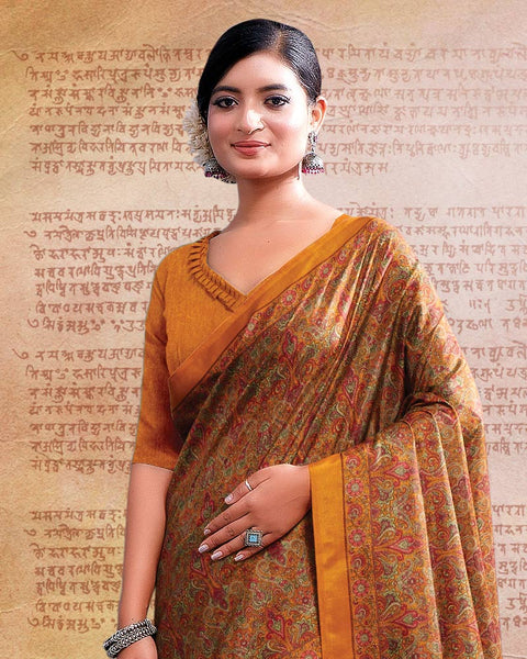 Ochre Printed Poly Cotton Saree