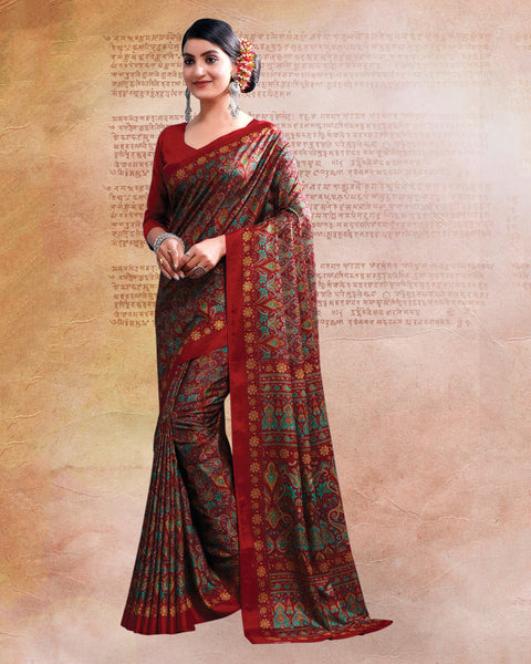 Dark Red Printed Poly Cotton Saree