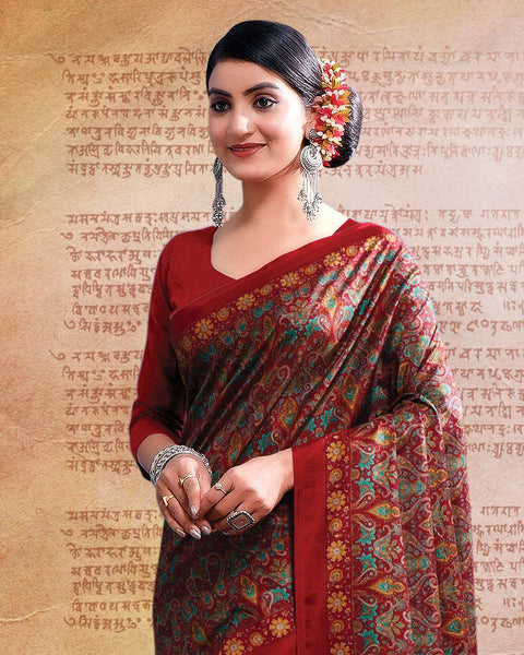 Dark Red Printed Poly Cotton Saree