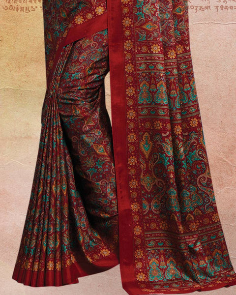 Dark Red Printed Poly Cotton Saree