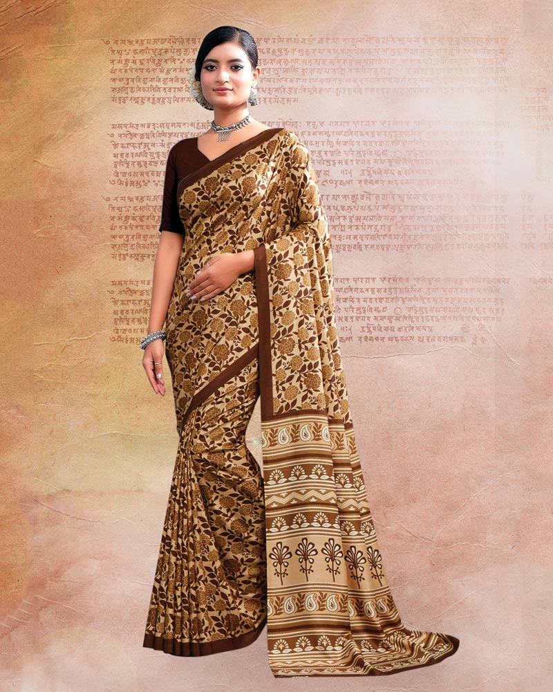 Sand Brown Printed Poly Cotton Saree