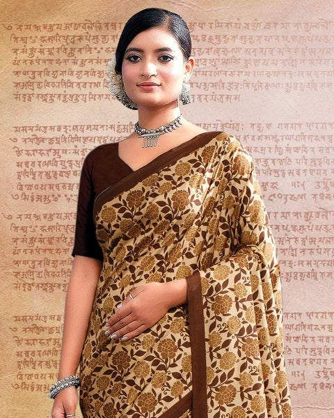 Sand Brown Printed Poly Cotton Saree