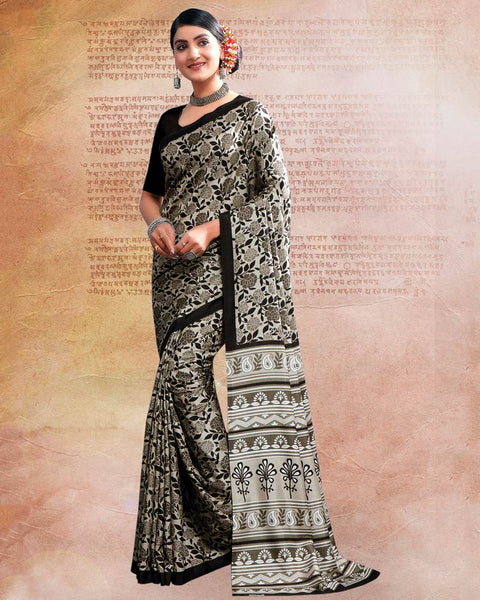 Sand Grey Printed Poly Cotton Saree