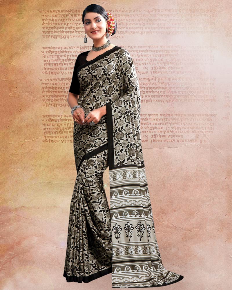 Sand Grey Printed Poly Cotton Saree