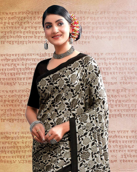 Sand Grey Printed Poly Cotton Saree