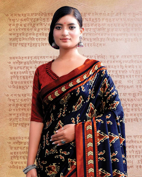 Navy Blue Printed Poly Cotton Saree