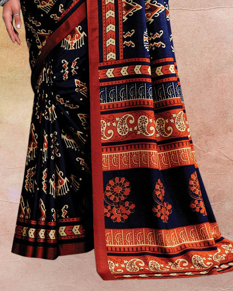 Navy Blue Printed Poly Cotton Saree