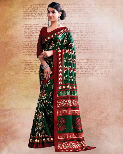 Bottle Green Printed Poly Cotton Saree