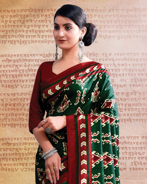Bottle Green Printed Poly Cotton Saree
