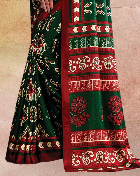 Bottle Green Printed Poly Cotton Saree