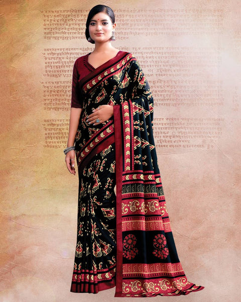 Dark Navy Blue Printed Poly Cotton Saree