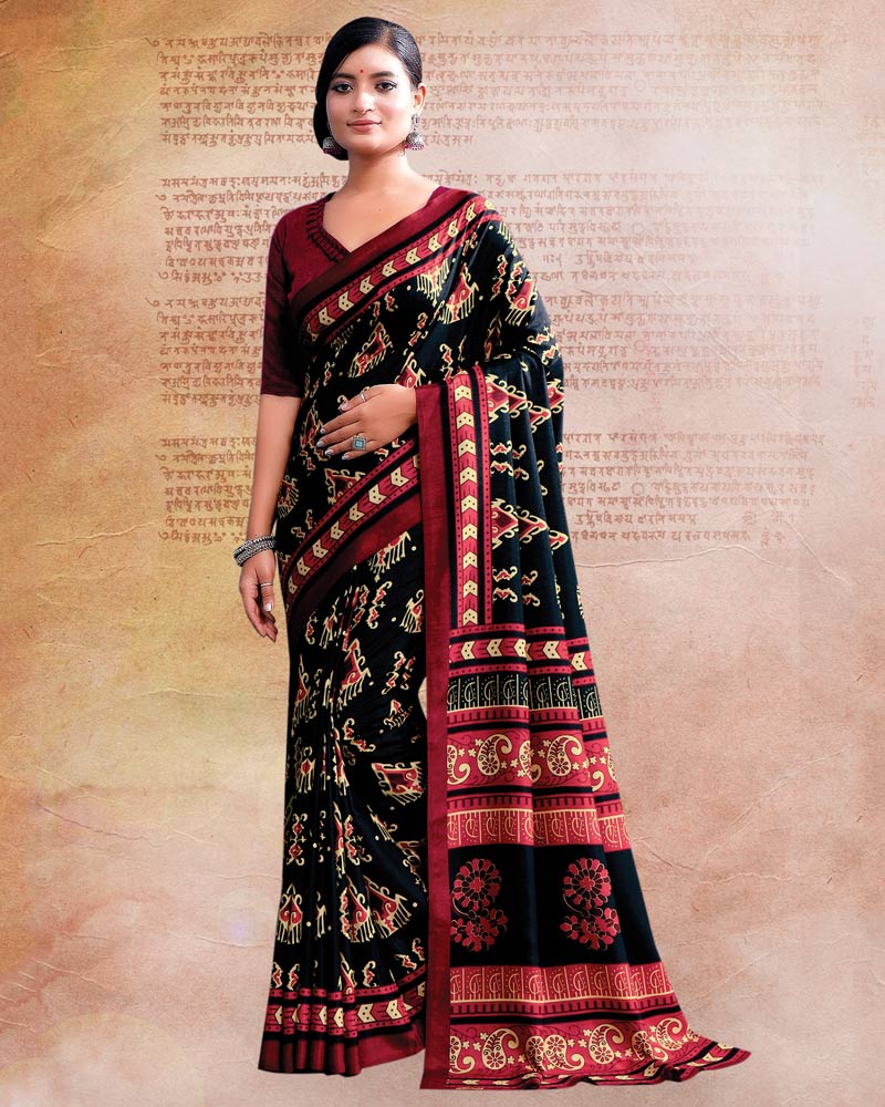 Dark Navy Blue Printed Poly Cotton Saree