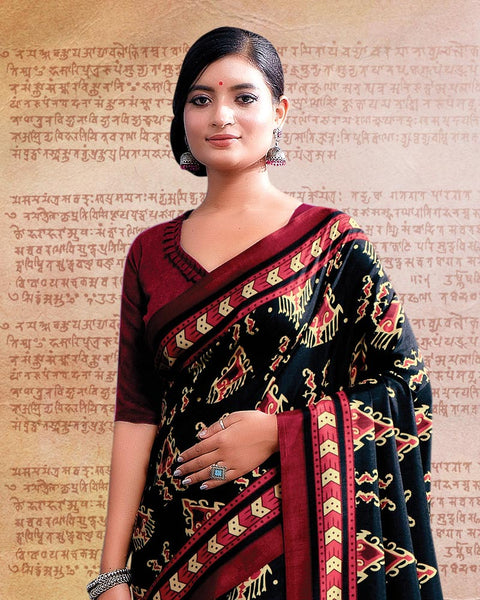 Dark Navy Blue Printed Poly Cotton Saree