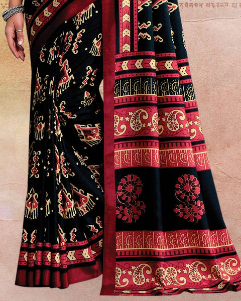 Dark Navy Blue Printed Poly Cotton Saree