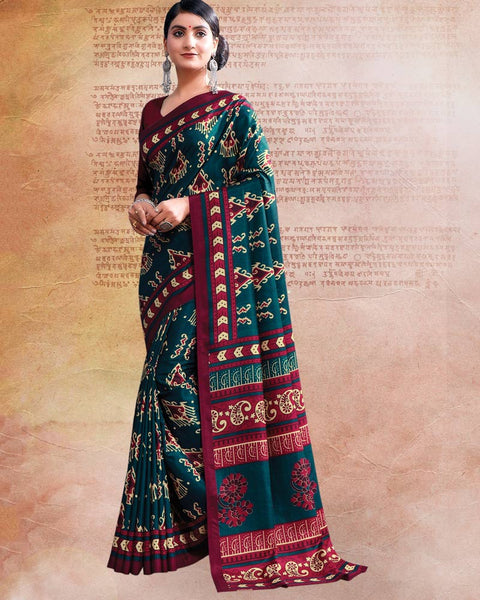 Dark Teal Blue Printed Poly Cotton Saree